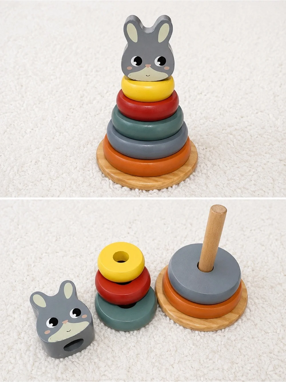 Wooden Toddler Pull Toy and Bunny Stacking Rings Bundle